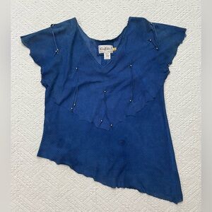 Vintage Ren Ellis, blue leather, mesh top with beaded fringe, RARE TOP.